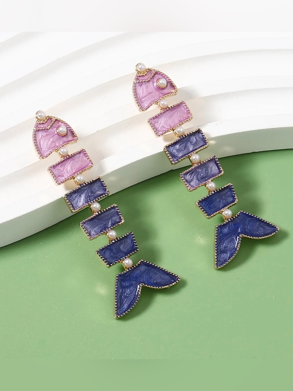 Pink and Blue Statement Drop Earrings with Pearl Accents